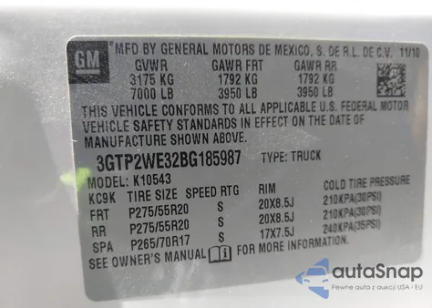 2011 GMC Sierra 1500 Slt z USA, uszkodzony, nr VIN 3GTP2WE32BG185987